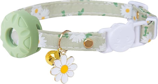 Breakaway Cat Collar with Airtag Holder,Kitten Collar with Apple Air Tag Holder and Bell for Girl Boy Cats, 0.4 Inches in Width and Lightweight. (Green Daisy)