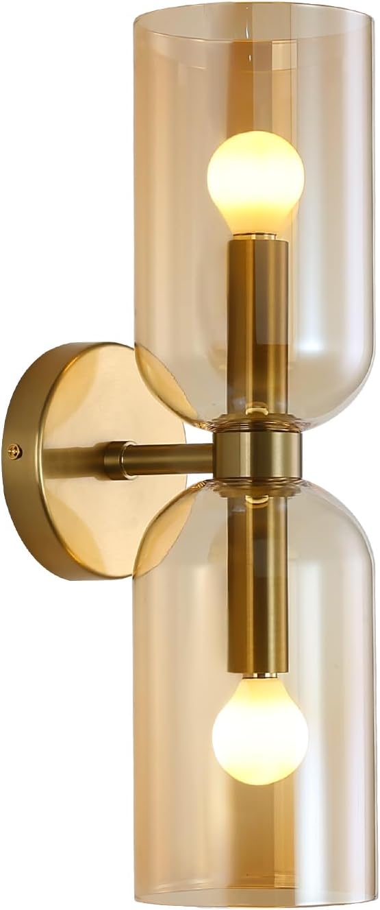 Minimalist 2-Light Gold Wall Sconces with Cylinder Glass Shades- Mid Century Vanity Wall Double Lights Hardwired- Modern Indoor Glass Wall Mounted Art Decor Lights (Amber, 1 Pack)