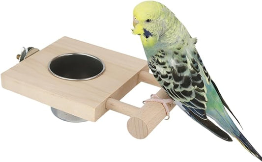 Bird Food Stainless Steel Cups Wooden Perch Stand Hanging Feeder Bowls Feeding and Watering Supplies for Parakeets Conures Cockatiels Budgie Parrot (S)