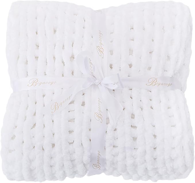 Bigacogo Chunky Knit Throw Blanket for Couch, 80x90 inches, Pure White | Hand Knit with Jumbo Chenille, Soft Breathable Cable Knit for Sofa Bed Living Room, Machine Washable, Gift for Mom Friend