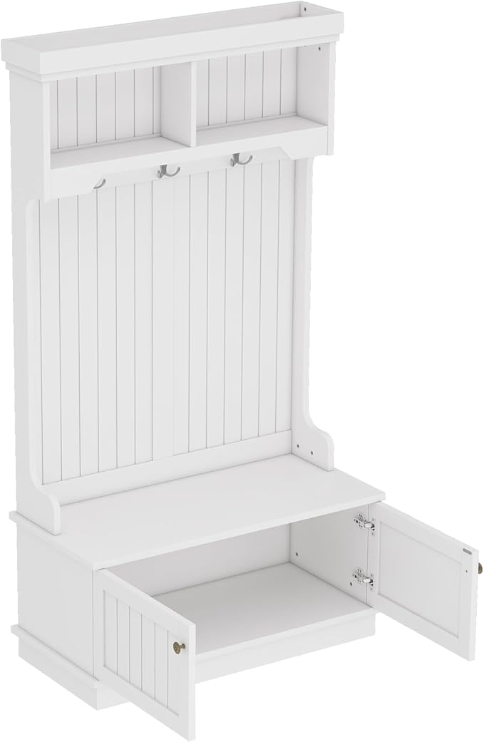 4-in-1 Hall Tree with Storage Bench & Coat Rack - Entryway Organizer with Hooks, Shoe Storage, and Display Shelves for Modern Homes (White)