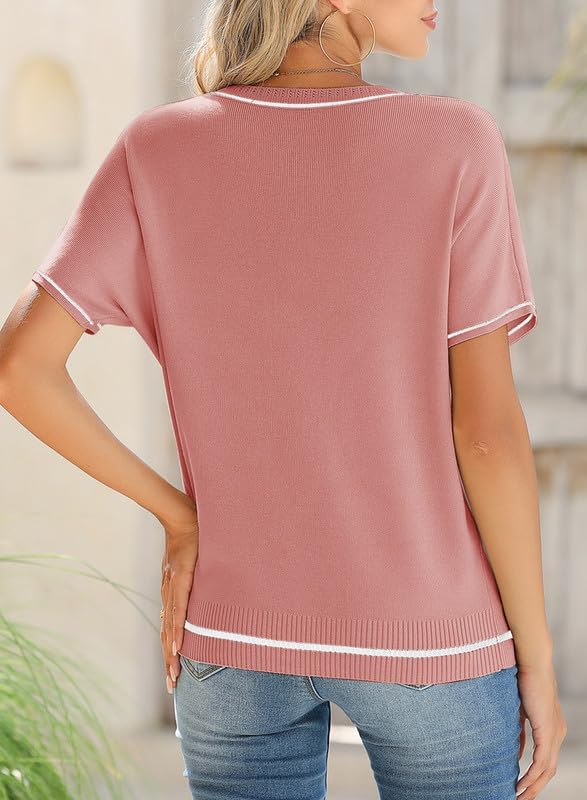 SHEWIN Womens Tops Trendy Short Sleeve Shirts Crewneck Lightweight Knit Sweater Top Business Casual Outfits