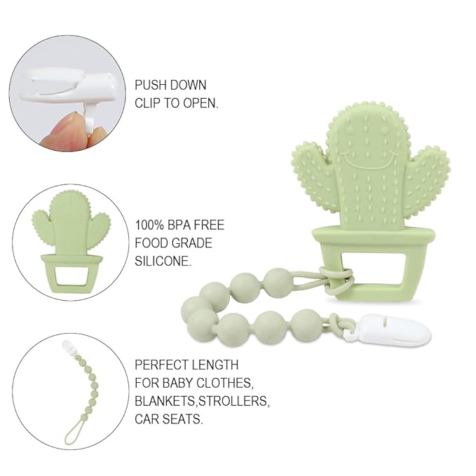 Baby Teething Toys,Food Grade Silicone Teether with One-Piece Pacifier Clip Holder,Shower Gift,Highly Effective Pain Relief for 3 Months+ Boy and Girl,BPA Free,Freezer Safe. (Yellow Cactus)