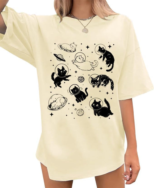 Cat Shirts for Women Oversized Cat Mom Shirt Animal Print Tops Cute Teen Clothes Casual Graphic Tees