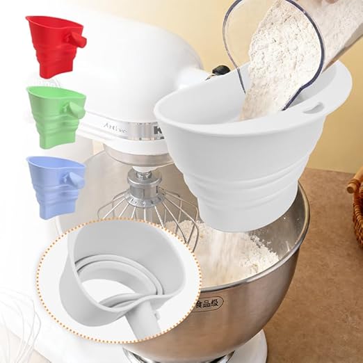 Flour Funnel for Kitchen Aid&Cream Scraper Set, Silicone Food-Grade | Stand Mixer | Leak-Proof Large Capacity Collapsible Design (Blue, Extended * 2 + Cream Scraper Set)