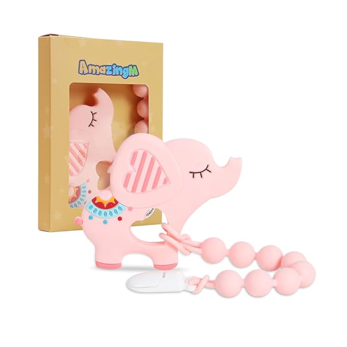 Baby Food Grade Silicone Teether Toy with One Piece Design Pacifier Clip Holder,Teething Toys Gift Set for 3 Months+ Boys and Girls,Freezer Safe,BPA Free. (Pink Elephant)