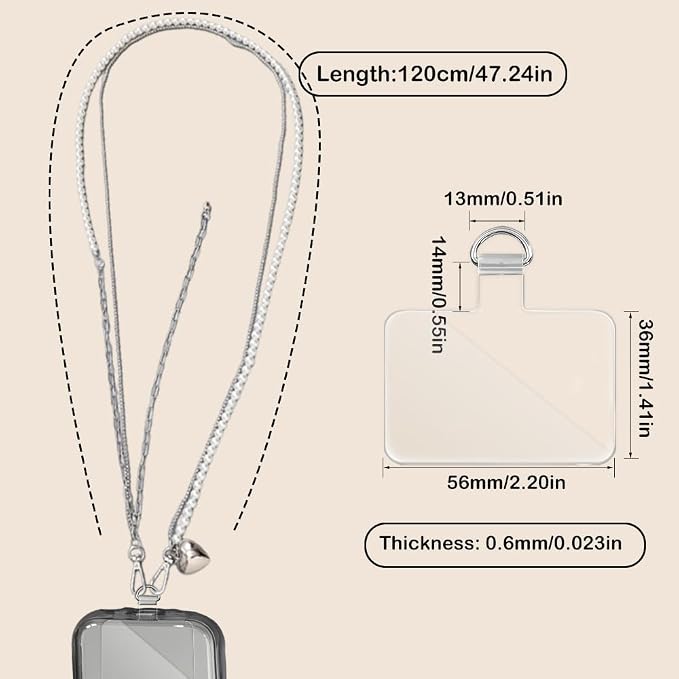 Phone Crossbody Lanyard Double Phone Lanyard,Pearl Chain&Metal Chain Double Universal Phone Strap with Phone Tether Patches for Most Phone(K)