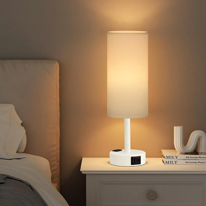 Fenmzee Matte White Bedside Table Lamp for Bedroom - 3 Way Dimmable Touch Lamp USB C Charging Ports and AC Outlet, Small Lamp Round Flaxen Fabric Shade for Living Room, Desk, LED Bulb Included