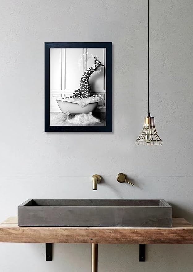 Black and White Bathroom Wall Art Funny Giraffe in Bathtub Wall Decor Framed Farmhouse Painting Animal Canvas Wall Art Bathroom Artwork