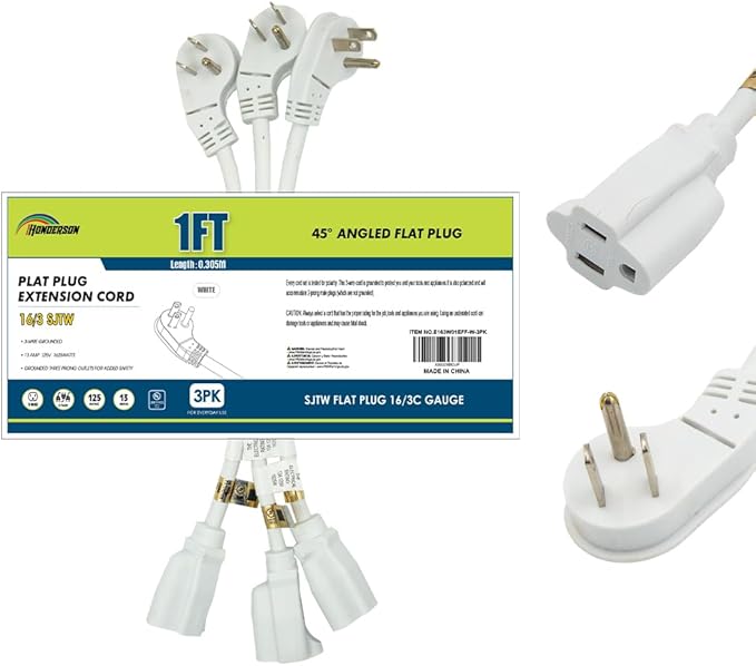 3 Pack Flat Plug Indoor Extension Cord, UL Certified, 16 Gauge 1FT White 3 Prong Heavy Duty, 16/3 SJTW 13A Power Cord for Lights, Appliance