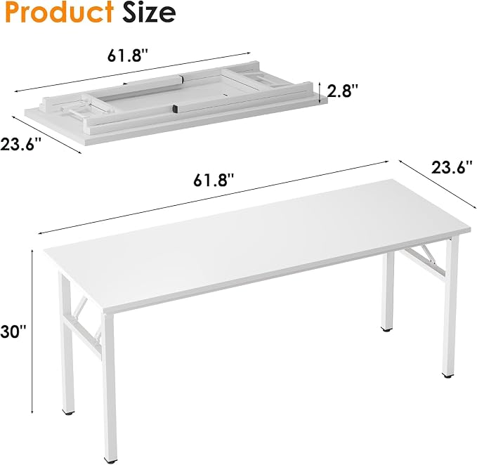 Need Home Office Desk - 62 Inches Large Computer Desk Sturdy Black Table Foldable Desk Gaming Computer Table No Assembly Required AC5DW(157.5 * 60) | White Frame Writing Gaming Work Table/Foldable Home Office Desk/Sewing Table, No Assembly Required