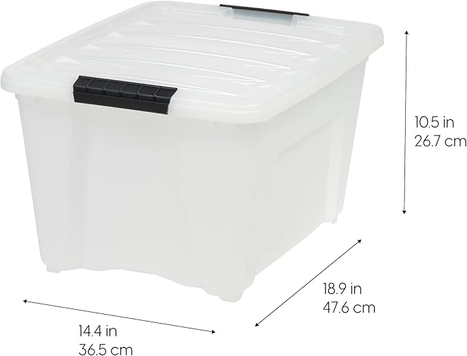 IRIS USA 32 Qt Stackable Plastic Storage Bins with Lids, 4 Pack - BPA-Free, Made in USA - Discreet Organizing Solution, Latches, Durable Nestable Containers, Secure Pull Handle - Pearl