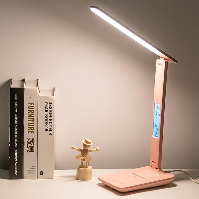 Multifunctional LED Desk Lamp with Wireless Charger,USB Charging Port,Clock,Phone Holder,Desk Lamps for Home Office,Eye-Caring Reading Lamp,Study Lamp for Boys,Girls,Teens,Pink