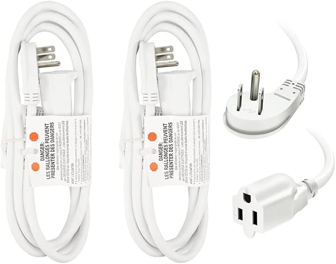 EP 2 Pack 6 Ft Flat Plug Extension Cord, 16 AWG 3 Prong Grounded White Low Profile Extension Cable for Indoor, UL Listed