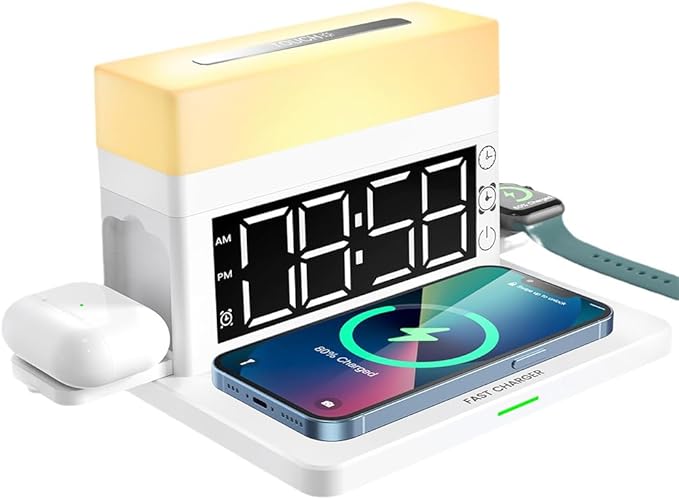 IHAO 6in1 Smart Alarm Clock with Wireless Charger RGB Mood Light 15W Fast Wireless Charging for All Qi Phone TWS Headphone Compliant with i-Watch 7 Color Night Light Large Digital Display-White