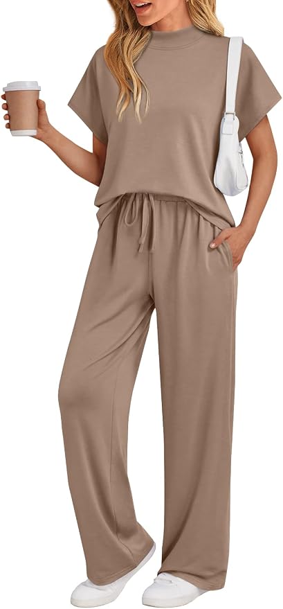 AUTOMET Women's 2 Piece Matching Lounge Sets 2026 Summer Mock Neck Sweatsuits Short Sleeve Loungewear Travel Outfits