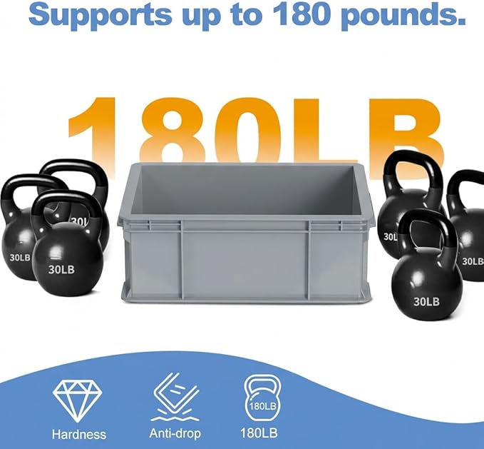Heavy Duty Storage Bins, 180lbs Load Capacity Totes for Storage, 14.2"L x 10.4"W x 5.5"H, Stackable Straight Wall Container, Plastic Tote for Garage & Workshop, Stickable Labels, Grey, 3-Pack