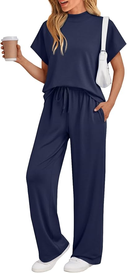 AUTOMET Women's 2 Piece Matching Lounge Sets 2026 Summer Mock Neck Sweatsuits Short Sleeve Loungewear Travel Outfits