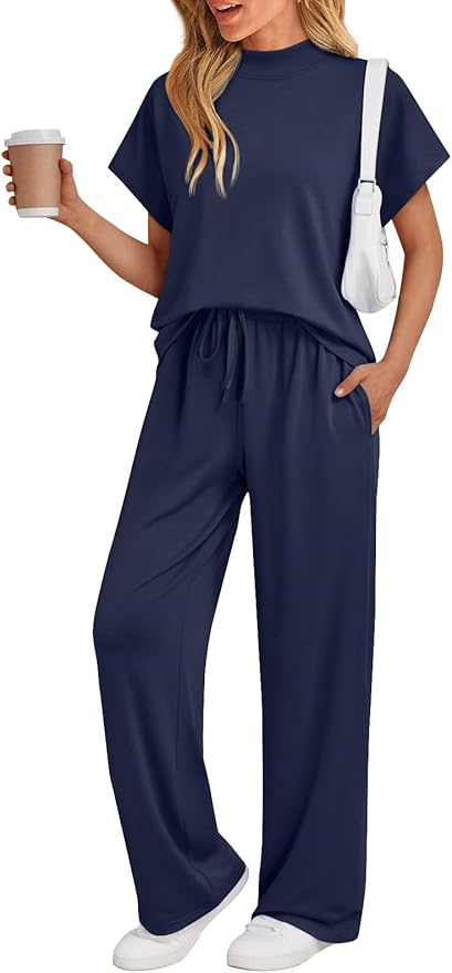 AUTOMET Women's 2 Piece Matching Lounge Sets 2026 Summer Mock Neck Sweatsuits Short Sleeve Loungewear Travel Outfits