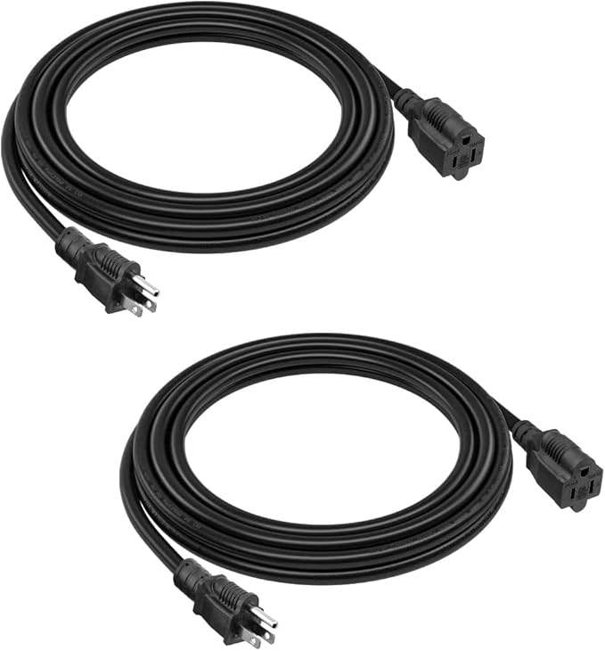 2-Pack 8ft Extension Cord Outdoor 16 AWG Heavy Duty Power Cord 3 Prong SJTW, NEMA 5-15P to NEMA 5-15R, Power Cable for Indoor and Outdoor Use, ETL Listed