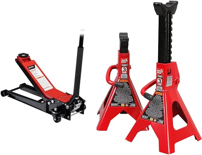 Sunex 6602LP 2 Ton Low Rider Steel Service Jack & BIG RED T43202 Torin Heavy Duty Steel Jack Stands: 3 Ton (6,000 lb) Capacity Car Lifting Stand,1 Pair (Not Suitable for SUV,Truck)