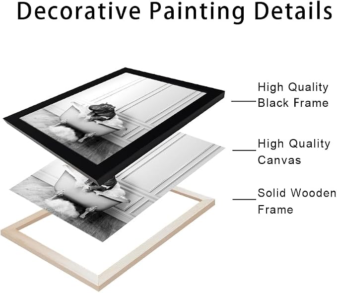 Framed Bathroom Decor Wall Art Black and White Canvas Print Cute Hippo in Bathtub Wall Art Bathrom Painting for Wall