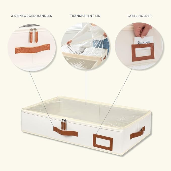 OrganiHaus Under Bed Storage Containers, Bedroom Storage and Organization Bins, Clothes Organizer for Closet with Clear Cover and Reinforced Handles - Set of 2 23.5x12.5x5 inches Off-White