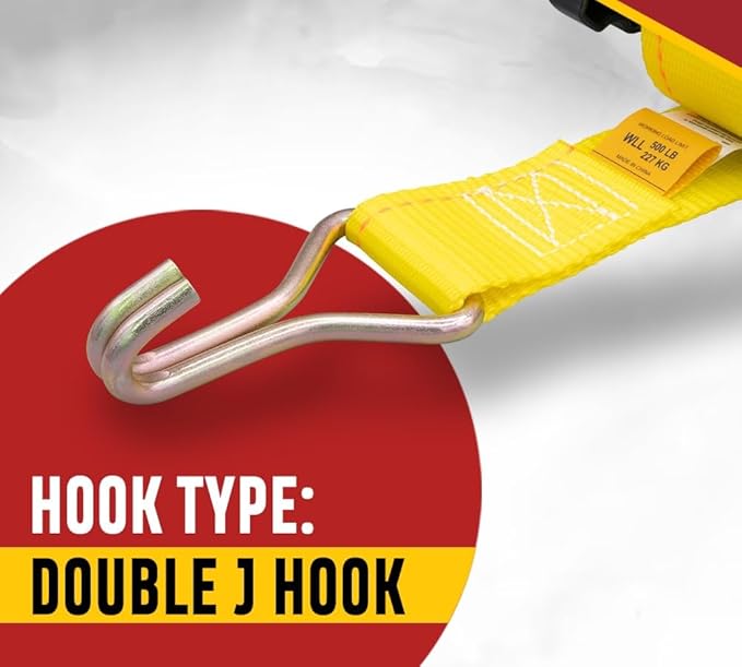Mytee Products 4 Pack 1-1/2"x7' Yellow Ladder Rack Ratchet Straps with J-Hook (Pair) - 500 lbs Square Tube Mount - Retractable Ratchet Tie Down Strap for Roof Rack