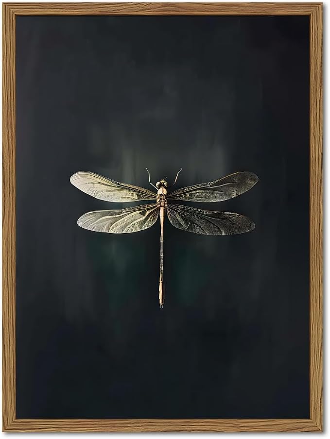 Dark Academia Dragonfly Wall Art Vintage Bug Wall Decor Pictures Whimsical Nature Insect Poster Canvas Print Moody Dragonfly Painting Artwork for Bedroom Living Room 16x24 inch Wood Framed