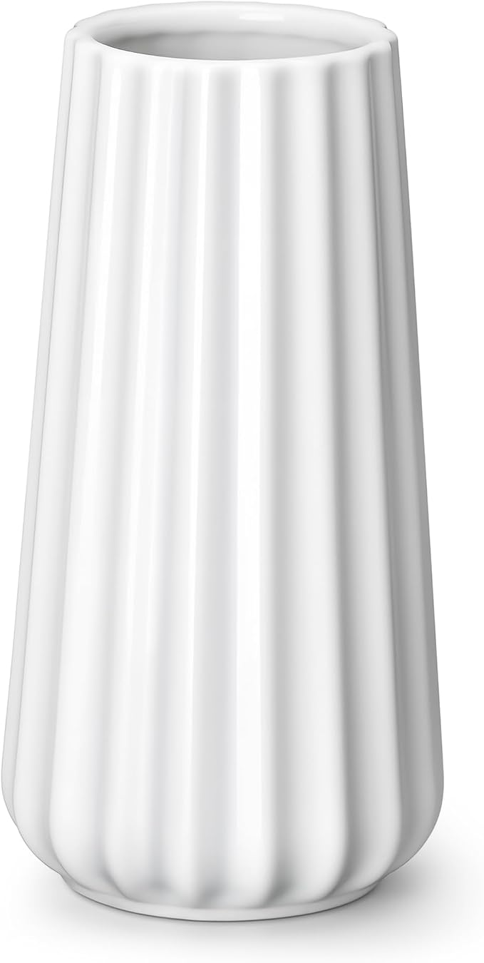 vancasso Ceramic Vase, 7.8 Inch Modern Ribbed Glossy Decorative Vase, Flower vase for Home Decor, Living Room, Bedroom, Office Decor, White