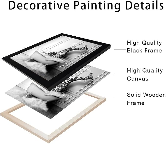 Black and White Bathroom Wall Art Funny Giraffe in Bathtub Wall Decor Framed Farmhouse Painting Animal Canvas Wall Art Bathroom Artwork