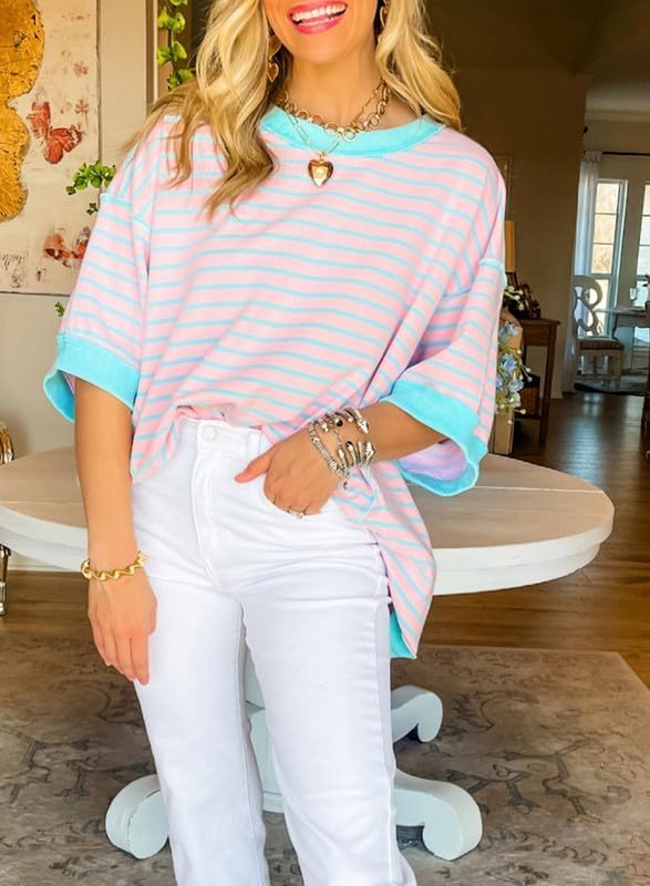 SHEWIN Womens Tops Casual Short Sleeve Sweatshirt Crewneck Striped Shirt Pullover T Shirts Loose Blouses