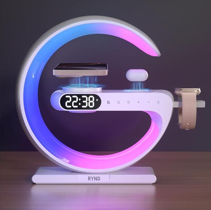 RYND 2026 Magnetic 5 in 1 Speaker Alarm Clock with Wireless Charger, Bedside Lamp with Adjustable Night Light, Gift for Family/Friends(White)
