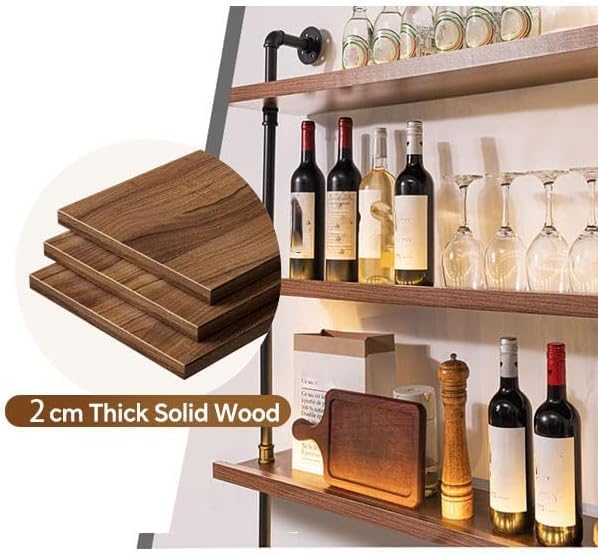 78.7in Wall Mounted Wine Rack with LED Light Solid Wood | 3-Tiers Liquor Bottles Floating Shelves Display Storage Organizer for Home Bar & Dining Room
