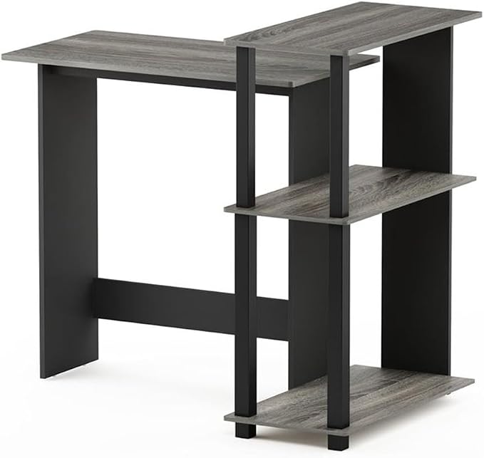 Furinno Abbott Corner Computer Desk with Bookshelf, French Oak Grey/Black