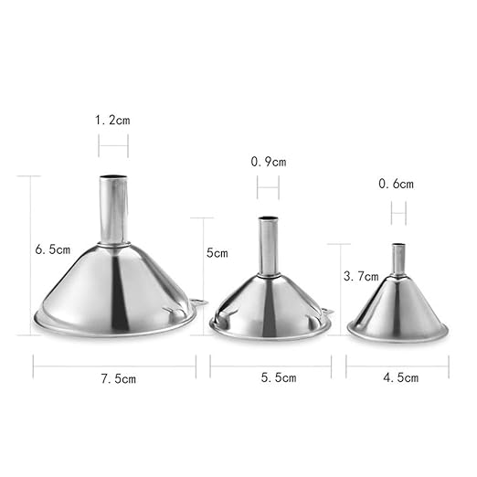 3 in 1 Metal Funnels for Filling Bottles Stainless Steel Small Kitchen Funnel Set for Transferring Essential Oils Liquid Fluid Spice Dry Ingredients Powder, Durable (‎Short-Handled Funnel)
