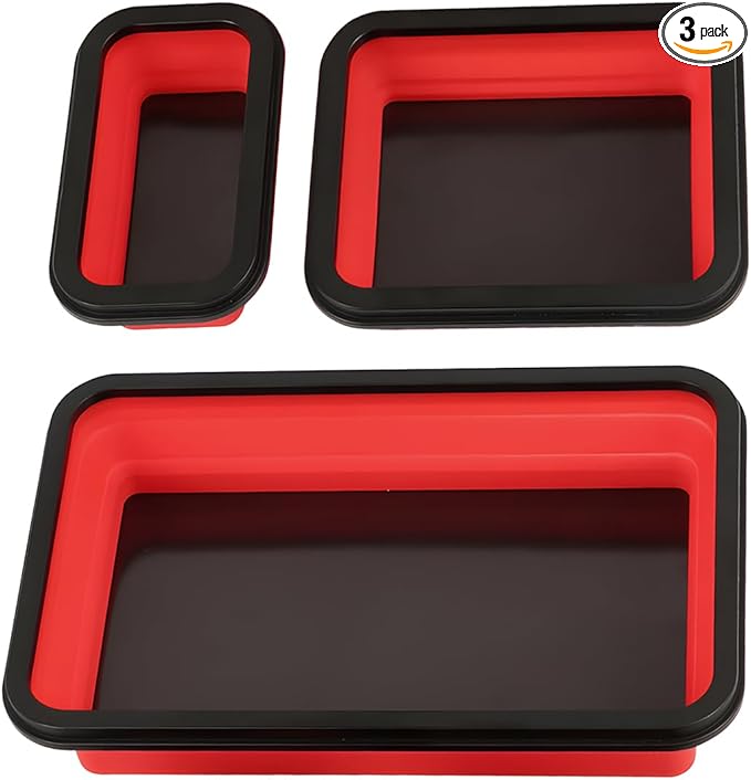 3PCS Collapsible Magnetic Parts Tray Set, Silicone Foldable Magnetic Tool Tray in 3 Different Size for Storage Organizer Screw Bolts Washers Nuts Pins & Other Small Metal Parts (Red)