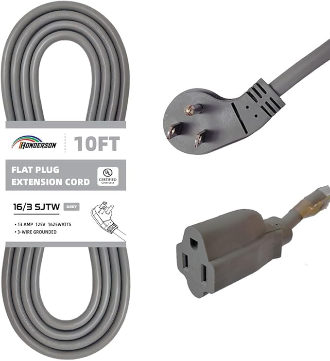 Flat Plug Indoor Extension Cord, UL Certified, 16 Gauge 10FT Grey 3 Prong Heavy Duty, 16/3 SJTW 13A Power Cord for Lights, Appliances, Home