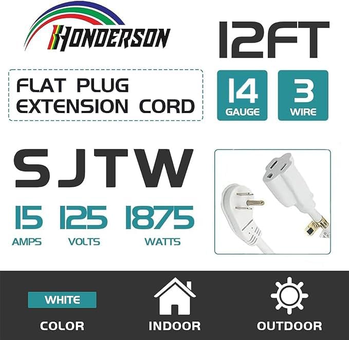 Flat Plug Indoor Extension Cord, UL Certified, 14 Gauge 12FT White 3 Prong Heavy Duty, 14/3 SJTW 15A Power Cord for Lights, Appliances, Home