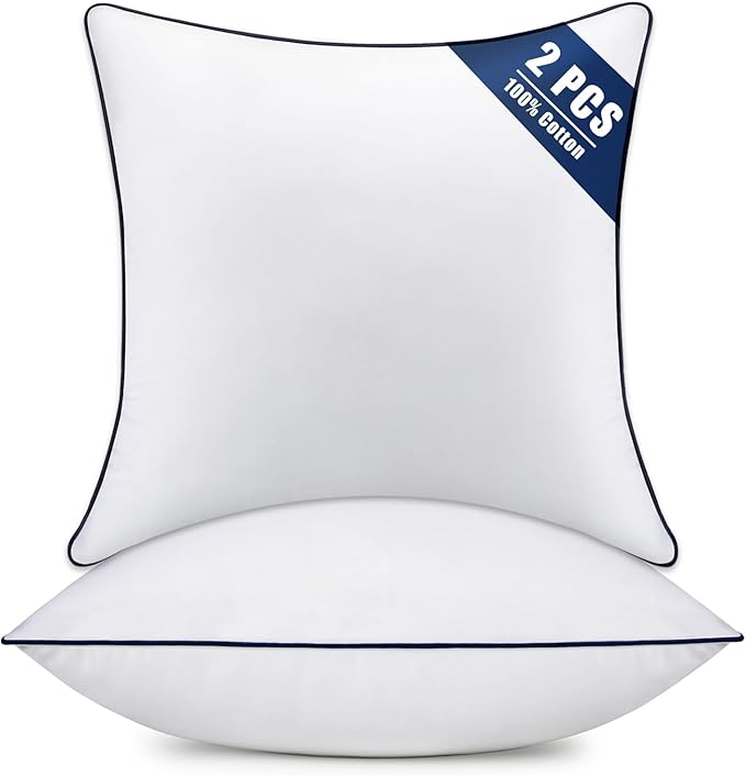 Throw Pillow Inserts Set of 2-Fluffy Square Cushions with 100% Cotton Covers-Decorative White Pillow Fillers for Sofa, Bed, Couch, Living Room, Indoor Hotel Pillows (20x20 Inch (Pack of 2)-Blue Edge)