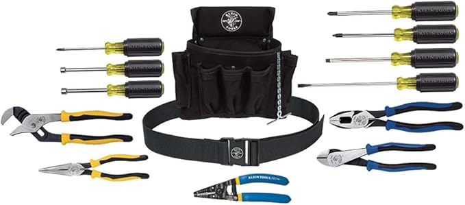 Klein Tools 92914 Tool Kit, Tool Set Includes Basic Tools, Pouch and Belt for Journeyman, Linesman, Professionals and Homeowners, 14-Piece