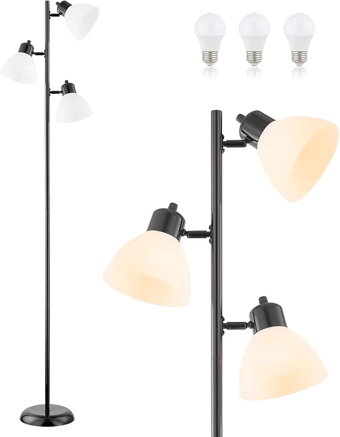 Modern Tree Floor Lamp for Living Room Bedroom, Tall Pole Standing Lamps with 3 Adjustable Rotating Heads for Office, Decor Corner, Reading Indoor, 3 Bright Lights LED Bulbs Included (Black)