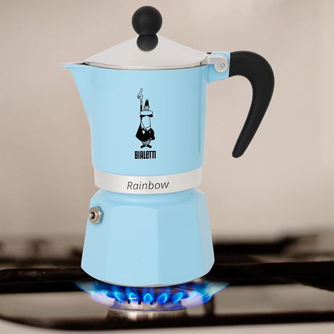 Bialetti Rainbow Moka Pot in Light blue, 3 Cup Stove Top Espresso Maker - Aluminum Cafetera for Ground Coffee, Italian Coffee Maker for Home Brewing