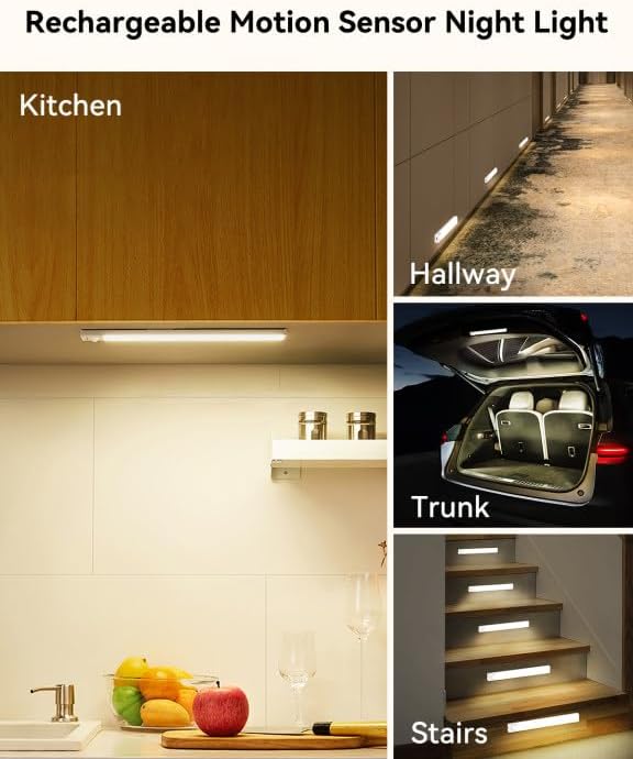 12-Pack Under Cabinet Lighting with 2 Charging Stations, 8-in Rechargeable Motion Sensor Light Indoor, 3 Color Dimmable Closet Light, USB Stick on LED Magnetic Under Counter Lights for Kitchen