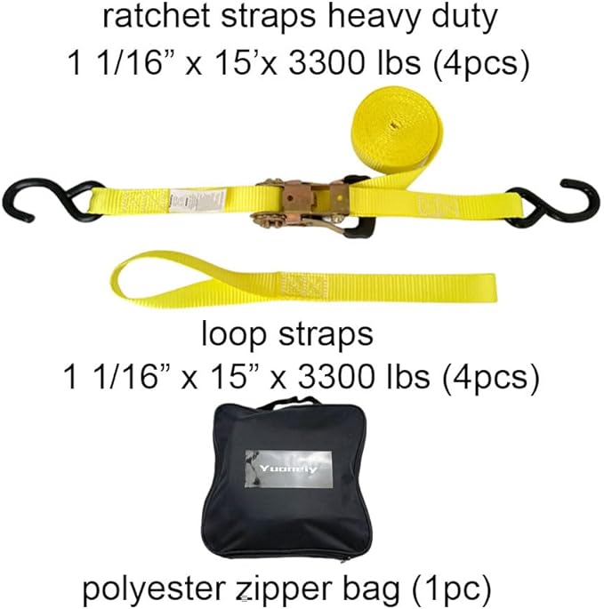Ratchet Tie Down Straps Heavy Duty (4PK) 1 inch x 15 ft x 3,300 lbs Breaking Strength for ATV, UTV, Motorcycle and Trailer