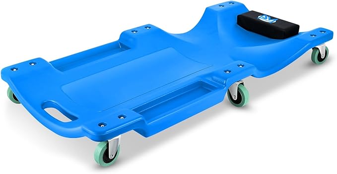 PM PERFORMOTOR 40Inch Low Profile Plastic Rolling Garage Shop Creeper with Padded Headrest,Tool Trays & 6pcs Casters, Blue, PM-TOL-CPC40-BL