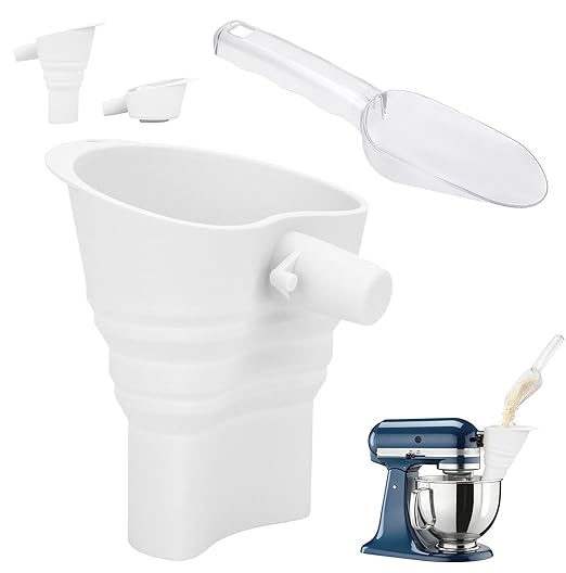 No-Mess Flour Funnel for Kitchen Aid Mixer Set with Scoop, Extended Mouth Foldable Flour Funnel for Kitchenaid Stand Mixer Attachments for 4.5-7 Quart KSM150, Dishwasher Safe Pouring Chute
