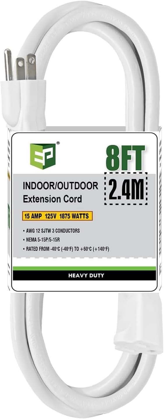 EP 12/3 8 FT Indoor Outdoor White Extension Cord Waterproof, 12 Gauge 3 Prong Power Cord Flexible Resistant Appliance Extension Cable Electric Cable Outside, 15A 1875W 12AWG SJTW, ETL Listed