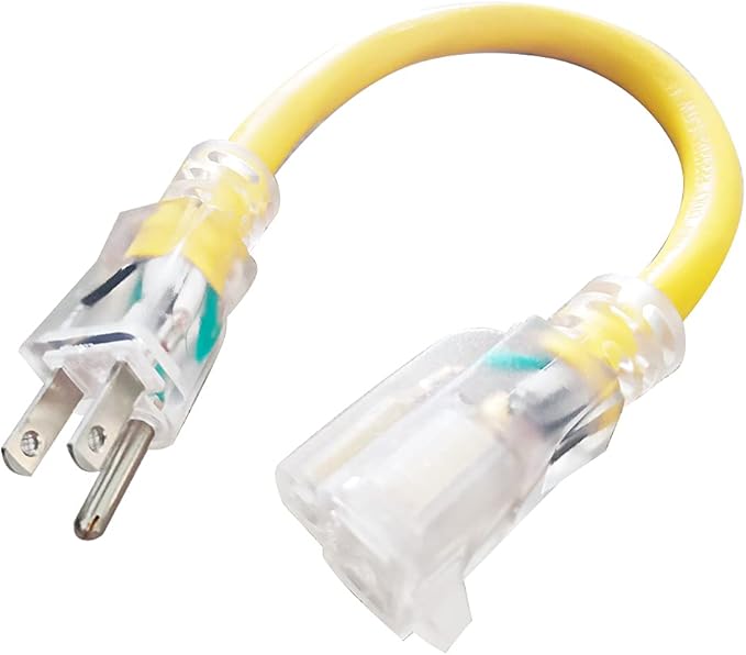 EP 1 ft Lighted Extension Cord - 12/3 SJTW Heavy Duty Yellow Extension Cable with 3 Prong Grounded Plug - 15AMP Power Cord for Lawn, Garden, Appliances