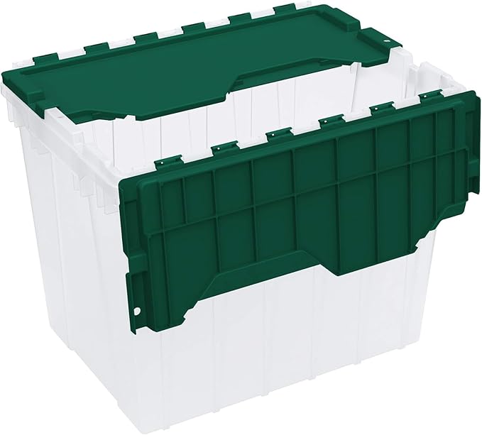 Akro-Mils KeepBox 18 Gallon Storage Container, Nesting and Stackable Plastic Storage Box with Lid Attached, Clear Tote for Garages, Closets, and Moving, 21" x 15" x 17", Clear/Green, 3-Pack